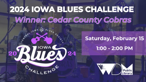 background image of 3 musicians; date/time of program and Central IA Blues Society Challenge logo