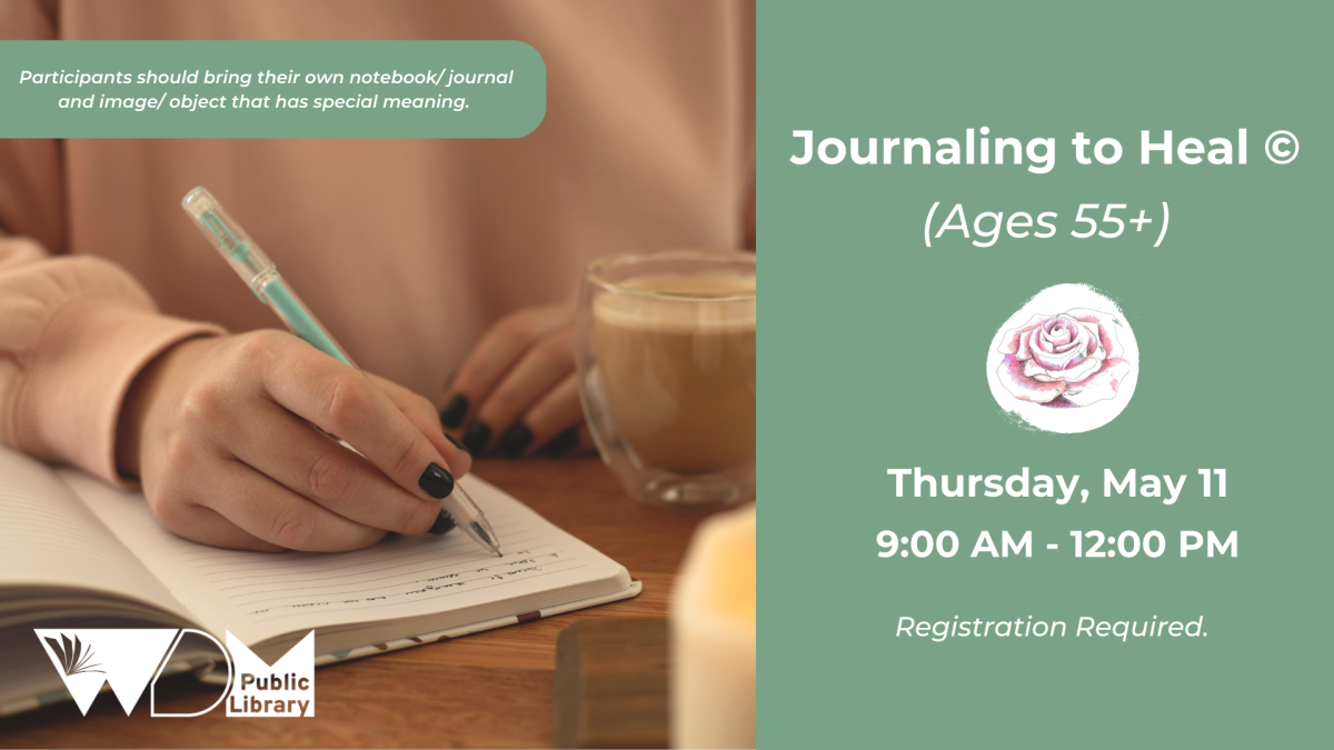 image of person's hand writing on a journal; date/time of program