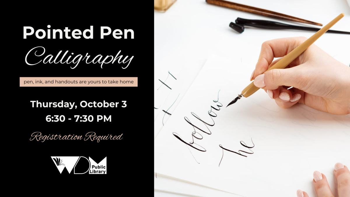 photo of someone's hand with calligraphy pen; date/time of program